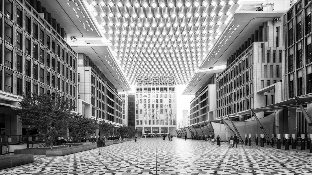 Doha-style urban mixed-use streetscape